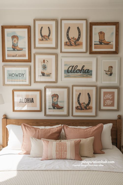 coastal cowgirl bedroom gallery wall above bed with cowboy boot and surf inspired art in oak frames and blush blue decor