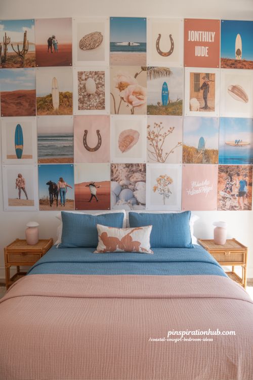 coastal cowgirl collage wall bedroom with 4x6 photo grid of western beach prints blush blue dorm decor aesthetic