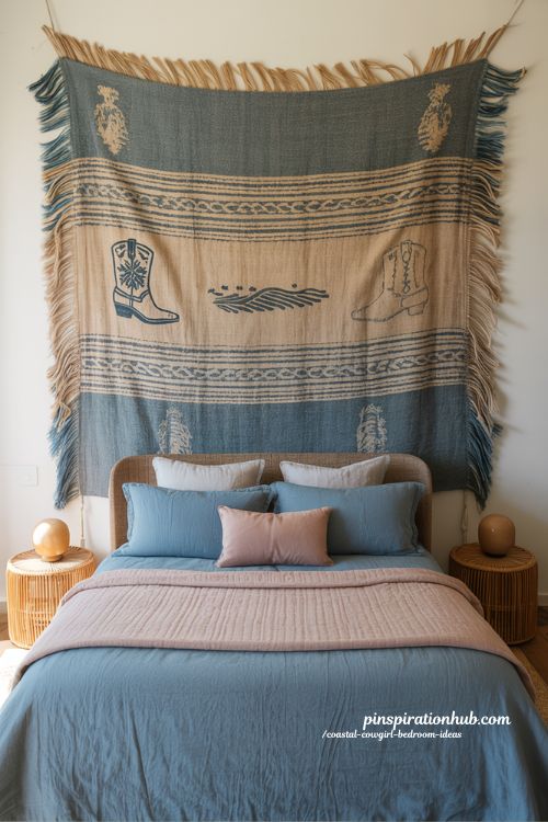coastal cowgirl tapestry above bed with blue western boho wall hanging and minimalist cozy bedroom decor