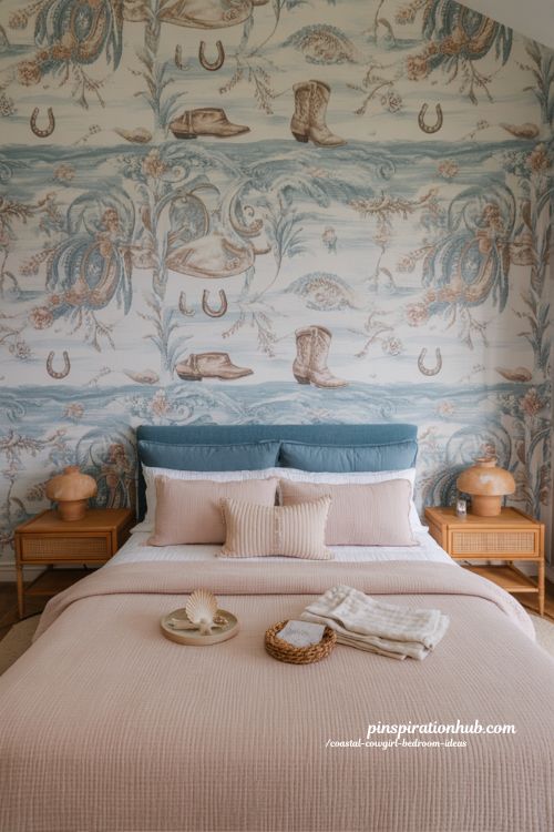 coastal cowgirl wallpaper accent wall bedroom with western boho peel and stick decor behind bed and soft blush blue styling