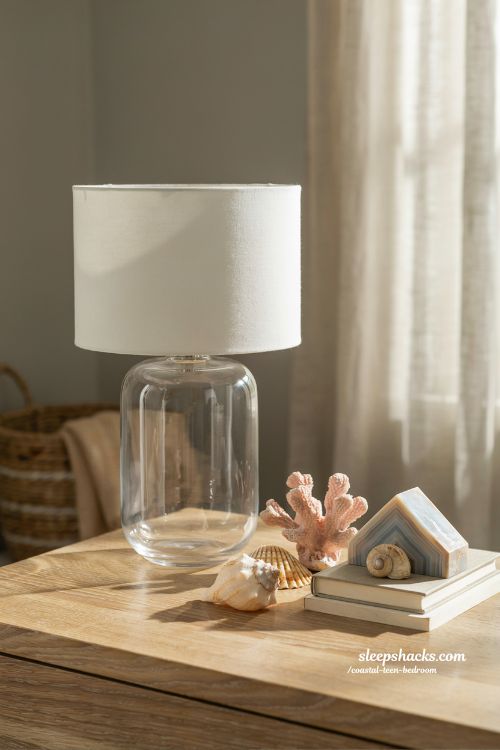 coastal teen bedroom dresser styling with glass table lamp and minimal coastal accessories aesthetic