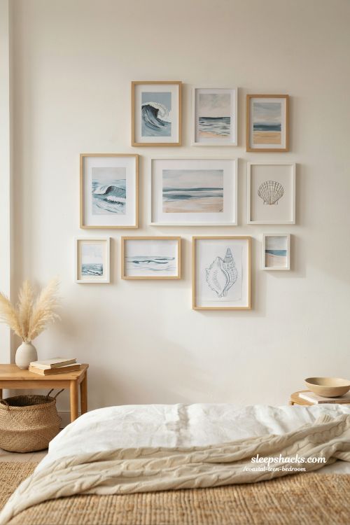 coastal teen bedroom gallery wall with budget digital print sets and coastal framed wall art aesthetic