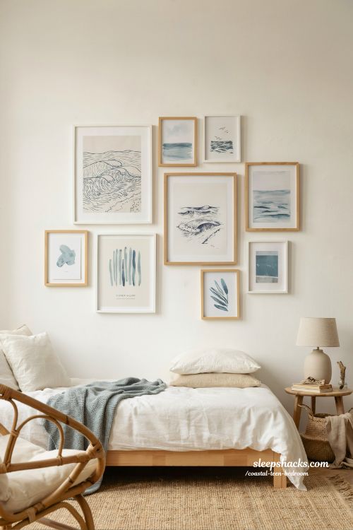coastal teen bedroom gallery wall with framed printable ocean art and simple DIY wall decor aesthetic
