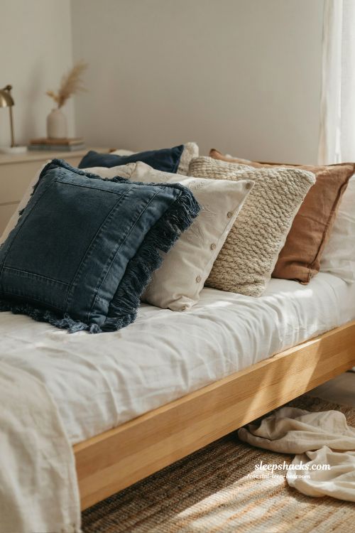 coastal teen bedroom layered throw pillows with denim fringe ivory and textured bedding aesthetic