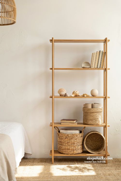 coastal teen bedroom open shelves with natural seagrass and jute baskets organized storage aesthetic