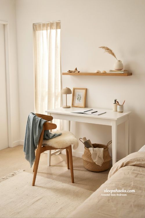 coastal teen bedroom study desk with white desk and faux fur chair cozy minimalist workspace aesthetic