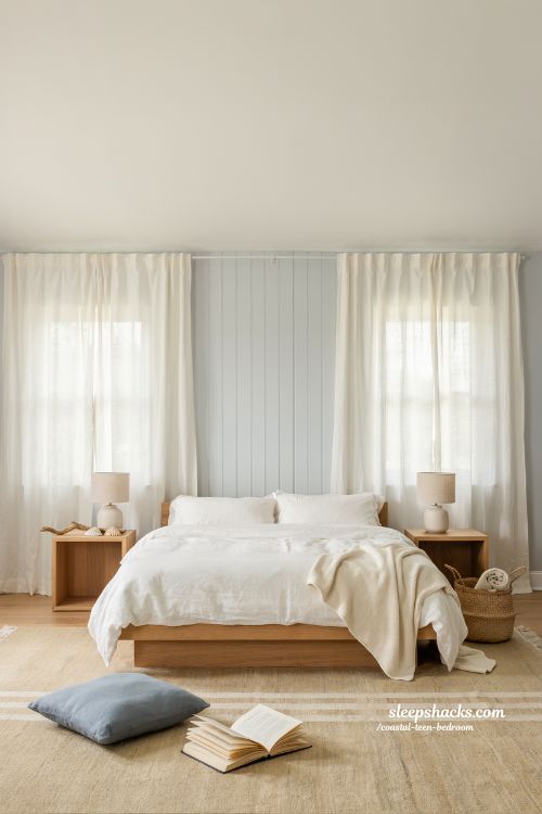 coastal teen bedroom with neutral area rug and soft grounded modern coastal interior aesthetic