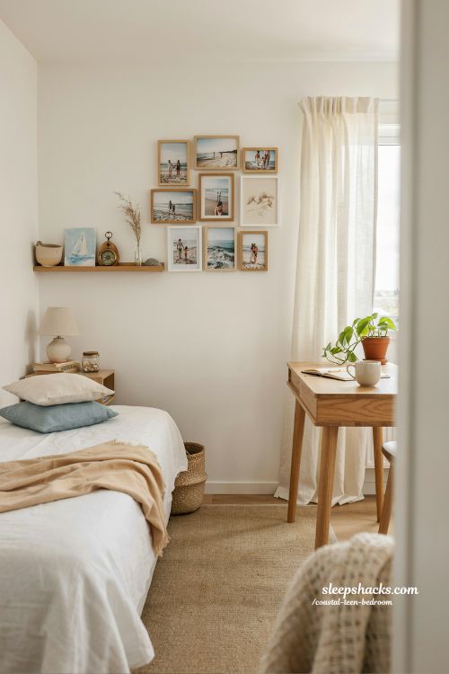 coastal teen bedroom with personal photos and local art storytelling wall decor aesthetic