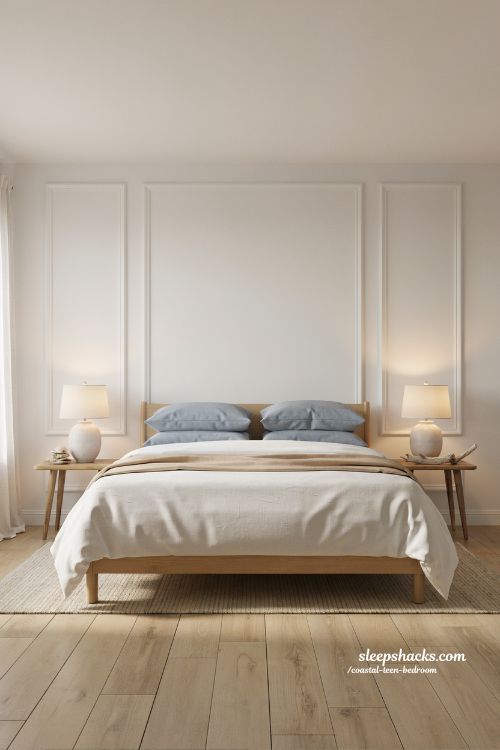 coastal teen bedroom with picture frame molding wall behind bed and elegant modern architectural design