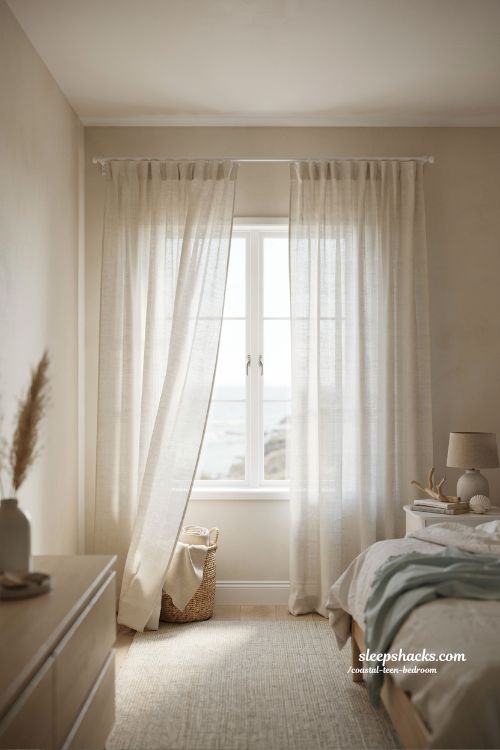 coastal teen bedroom with semi sheer white linen curtains and bright airy natural light interior aesthetic