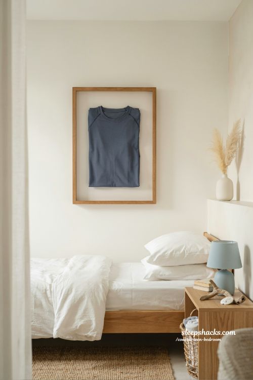 coastal teen bedroom with shadow box keepsake wall art and personal memory decor aesthetic