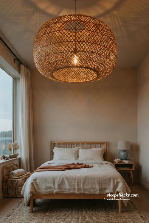 coastal teen bedroom with woven bamboo pendant light and warm beach cabana evening glow aesthetic