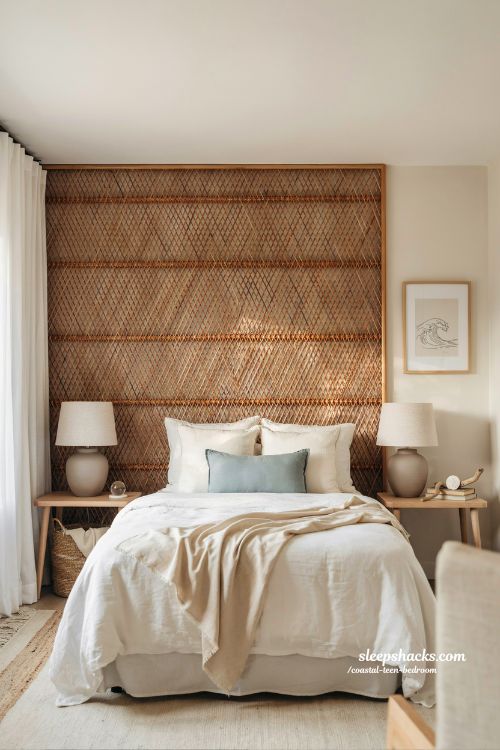 coastal teen bedroom with woven rattan headboard and soft natural textured bedding aesthetic