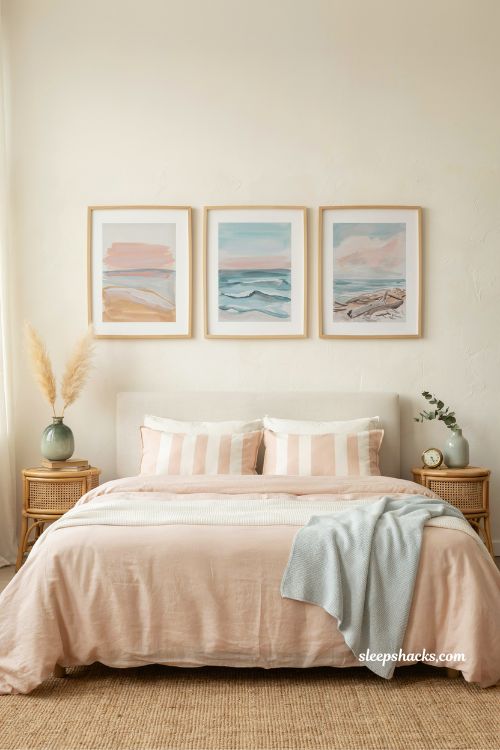 coastal watercolor wall art above bed pink and blue bedroom gallery wall idea with soft seaside tones