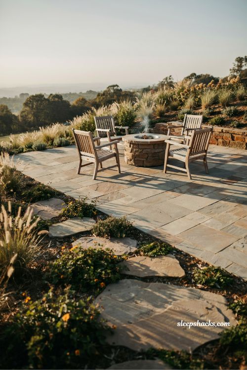 compact fire pit area on leveled terrace ideas for small sloped backyard seating zone