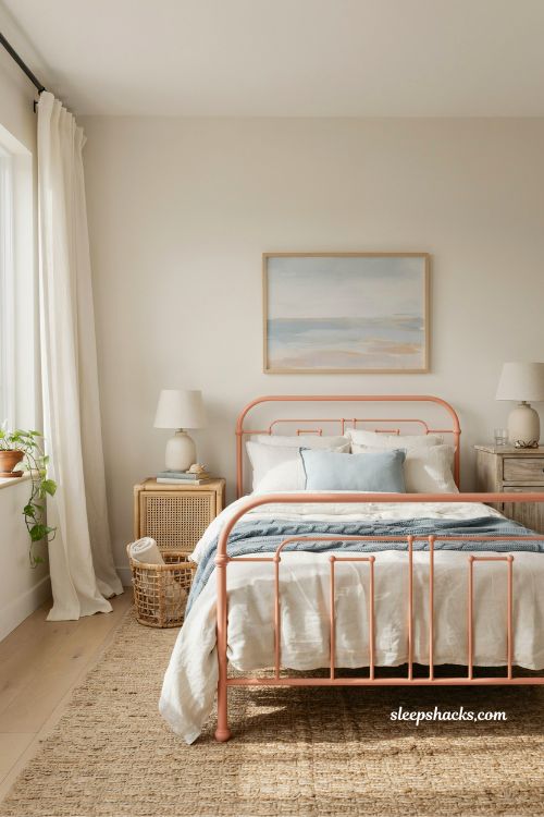 coral blush metal bed frame coastal bedroom idea with pink and blue airy seaside aesthetic styling