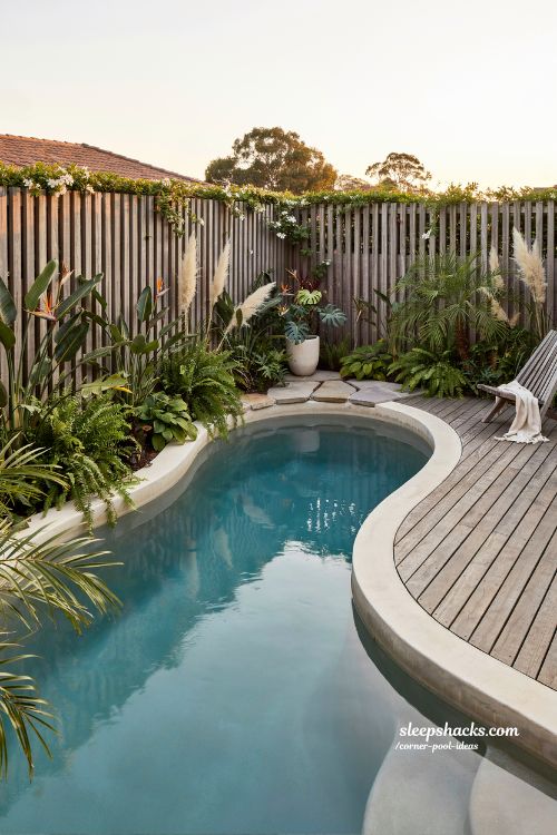 corner pool ideas curved free form backyard pool hugging fence lines tropical resort style garden design
