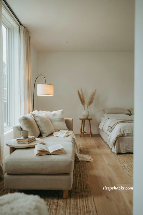 cozy reading nook loveseat by window coastal bedroom ideas with soft neutral resort style seating corner