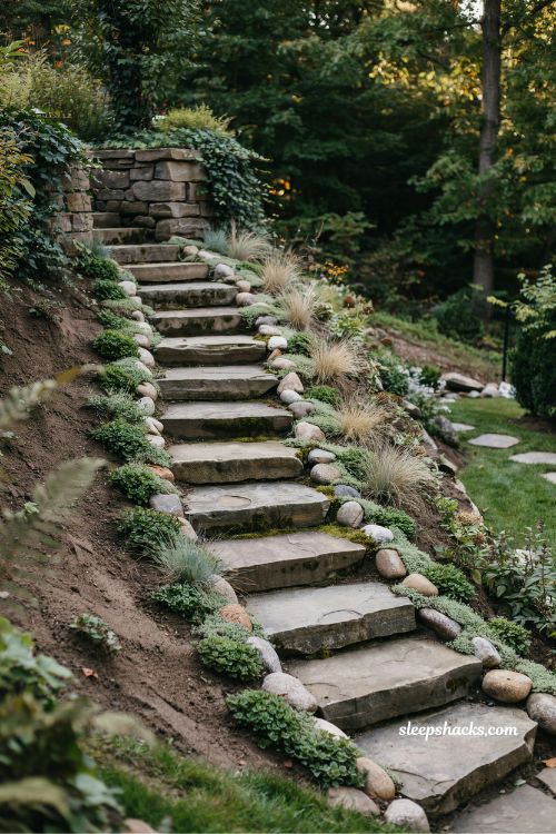 curved stone steps for small sloped backyard natural hillside garden staircase design