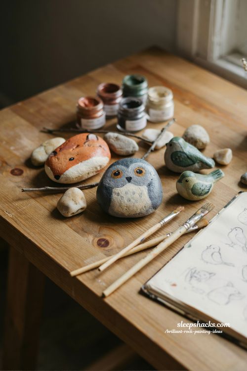 cute forest animals rock painting ideas fox owl and bird handmade woodland craft inspiration