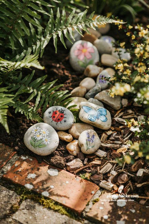 decorative garden stone painting ideas floral and insect rocks for natural outdoor garden decor