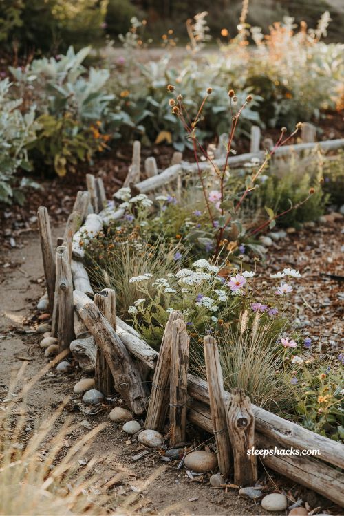 driftwood garden border ideas rustic coastal edging with natural wood pieces and wildflower landscaping inspiration