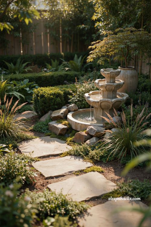 garden landscape design ideas with calming water feature and natural stone fountain aesthetics