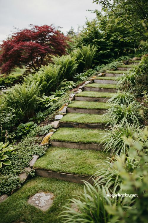 grass covered steps ideas for small sloped backyard natural hillside garden staircase design
