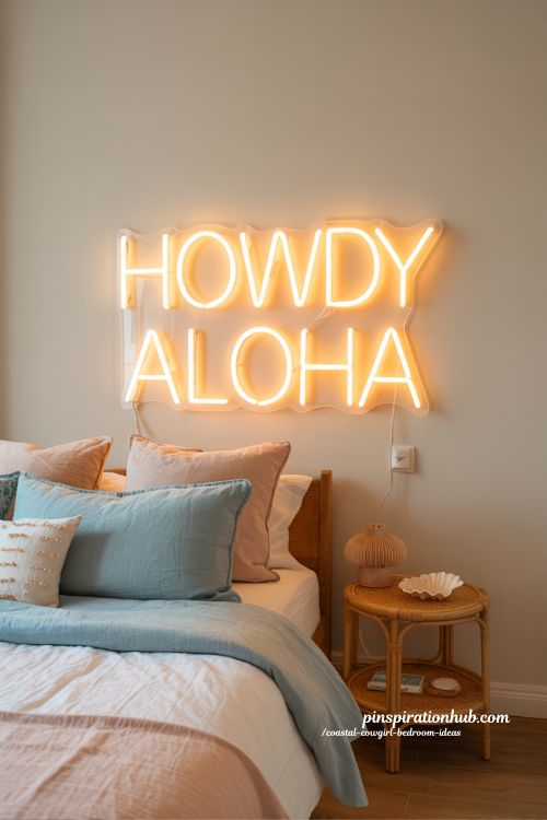 howdy aloha neon sign coastal cowgirl bedroom with warm glowing wall decor and minimalist boho western aesthetic