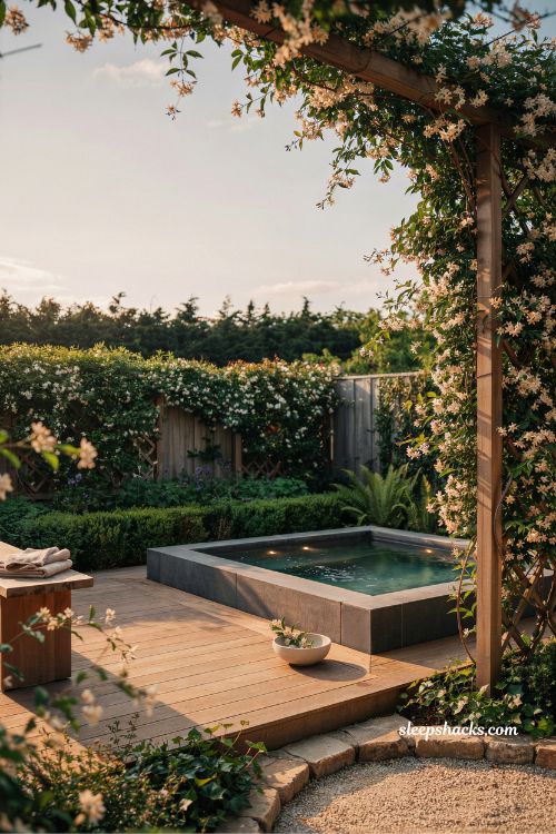 jasmine climbing fence hot tub garden ideas for a fragrant backyard spa retreat