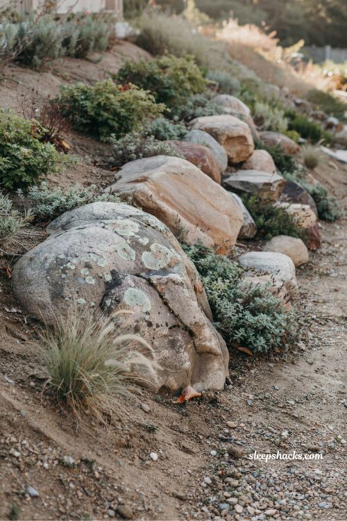 large boulders in small sloped backyard landscaping ideas for natural hillside texture design