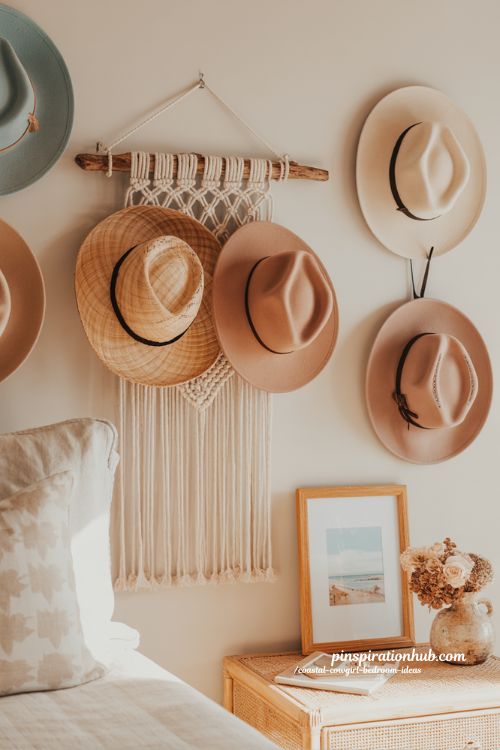 macrame hat wall coastal cowgirl bedroom decor with cowboy hats woven hangers and boho western gallery wall styling