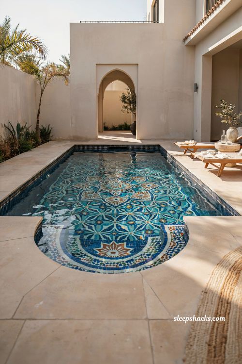 moroccan and indian tile pool design with intricate mosaic patterns and luxury villa courtyard aesthetic