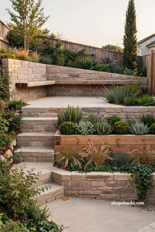 multi level retaining wall ideas for small sloped backyard design with usable flat spaces