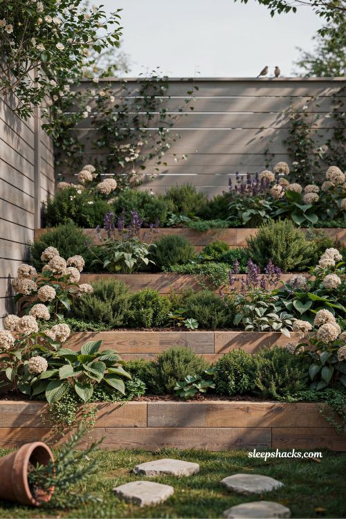 narrow tiered garden bed along fence line ideas for small sloped backyard landscaping
