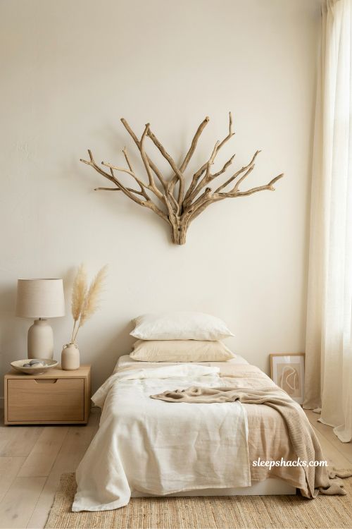 natural driftwood wall art above bed coastal bedroom ideas with organic neutral textures and calm seaside style