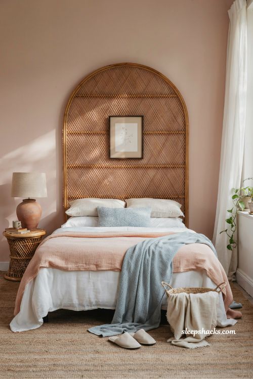 natural woven textures coastal bedroom idea with rattan and jute decor in pink and blue seaside style