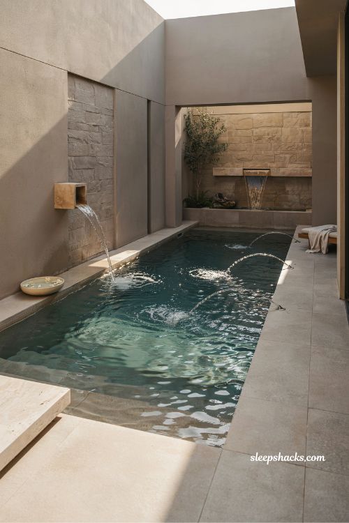 pool design with built in fountain water spouts and modern stone spa style villa aesthetic