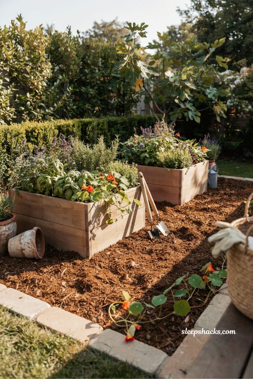 raised garden planters with fresh brown mulch base in organized backyard landscape