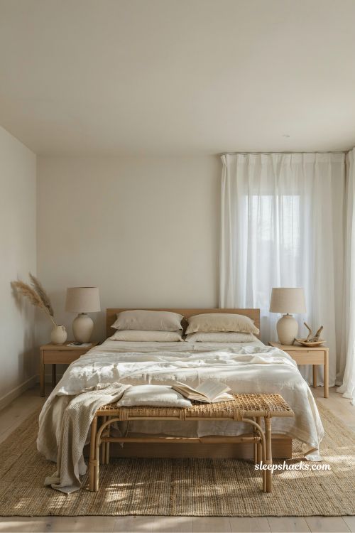 rattan bench at the foot of bed coastal bedroom idea with natural woven textures and neutral tones