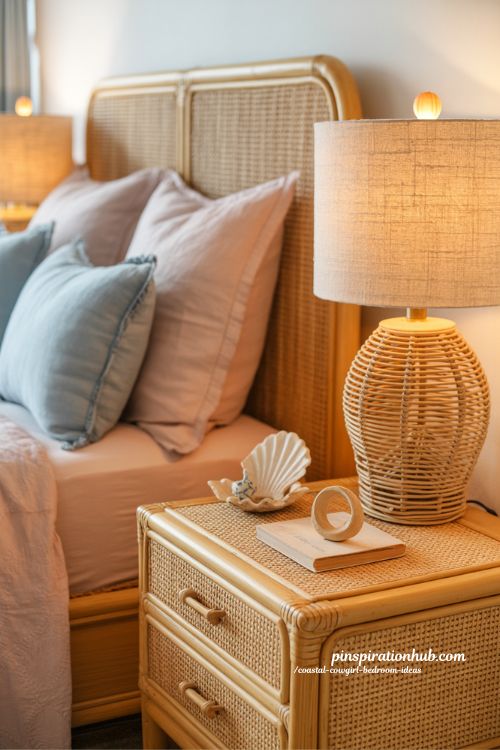 rattan nightstands coastal cowgirl bedroom with woven cane bedside tables warm lighting and natural boho coastal decor