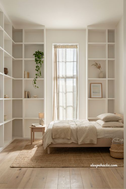 simple white built in shelving coastal bedroom storage ideas for clean minimal interiors