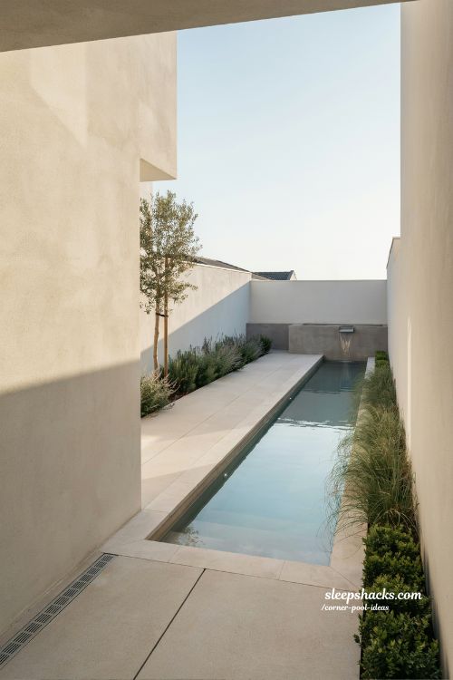 sleek rectangular pool angled into side yard corner modern narrow backyard pool design ideas