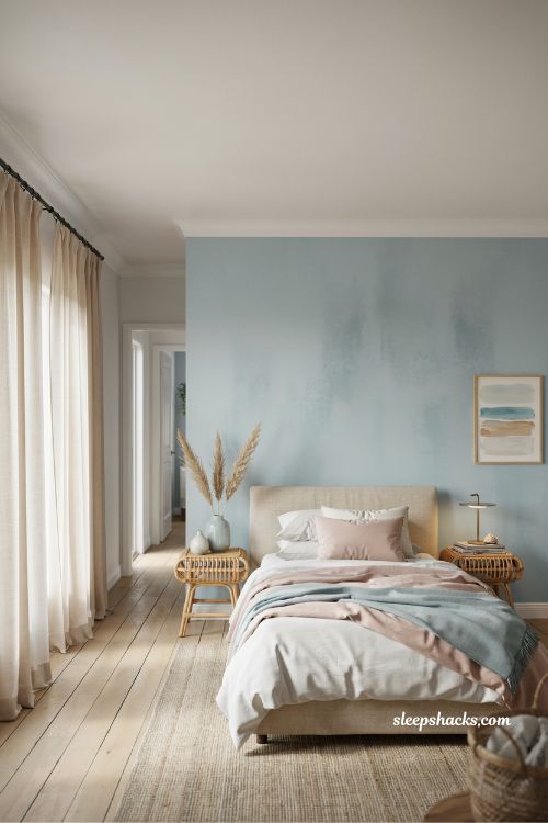 soft aqua accent wall pink and blue coastal bedroom idea with airy seaside calm interior