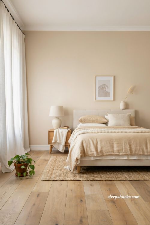 soft beige and white bedroom color palette for a warm minimalist coastal space