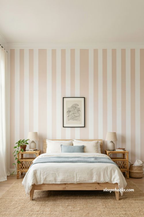 soft pink and white striped feature wall coastal bedroom idea with blue accents and airy seaside style