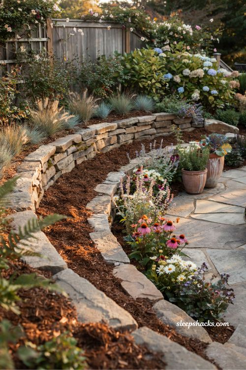 stacked stone garden border with brown mulch landscaping and natural backyard charm