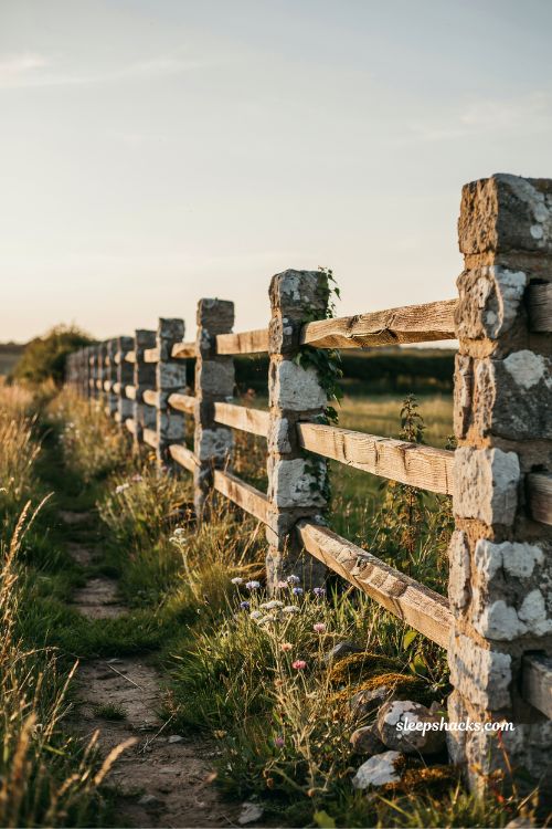 stone pillars and wooden rail fence ideas rustic countryside boundary with natural farmhouse landscaping inspiration