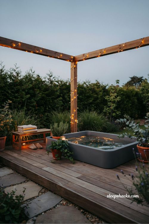 string light hot tub garden ideas for a cozy warm backyard evening spa