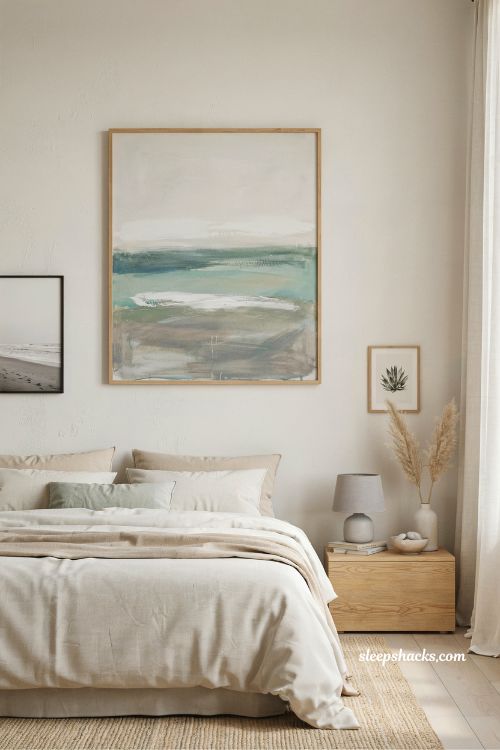 subtle coastal prints bedroom ideas with abstract ocean art and minimalist neutral wall decor